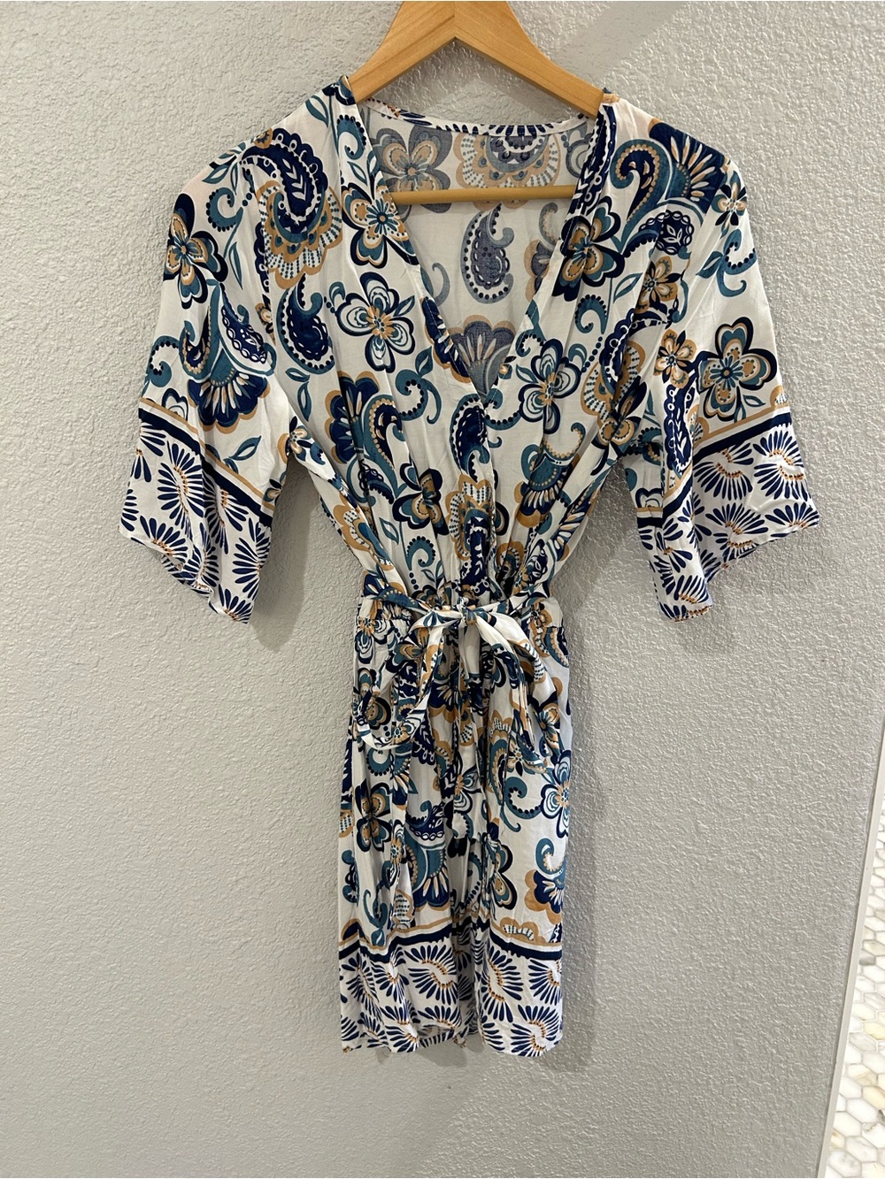 Cupshe White Wrap romper with Blue and Gold Paisley Print